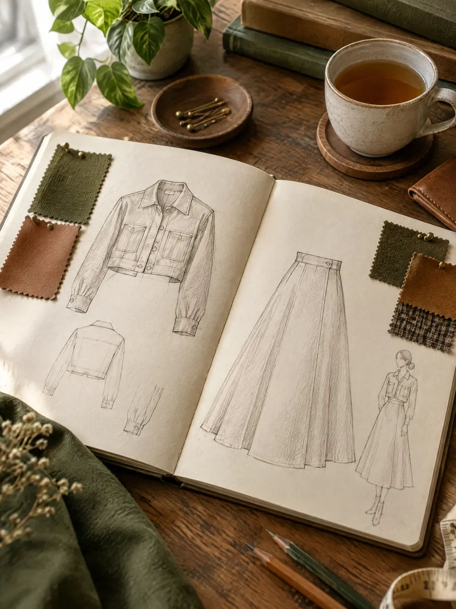 A sketchbook with drawings of a cropped jacket and an A-line skirt