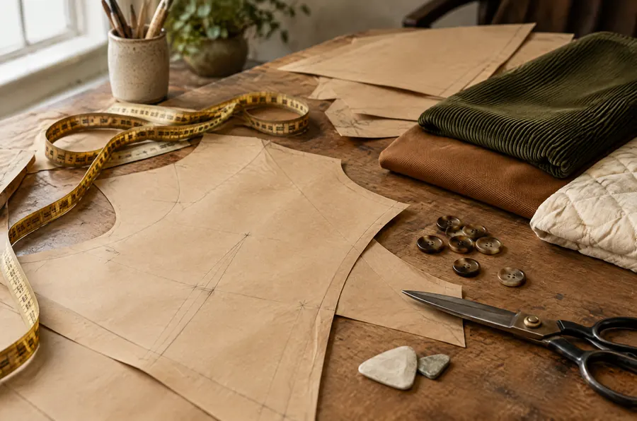 A pattern-cutting table with paper patterns, buttons and corduroy swatches