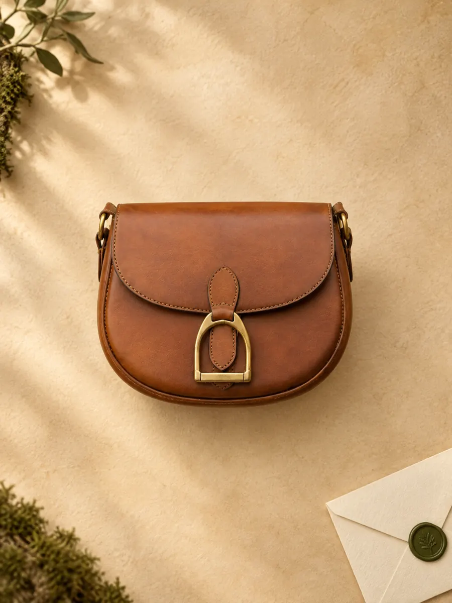 Die Stirrup Arc Saddle Bag auf Pergamentpapier neben einem versiegelten Umschlag