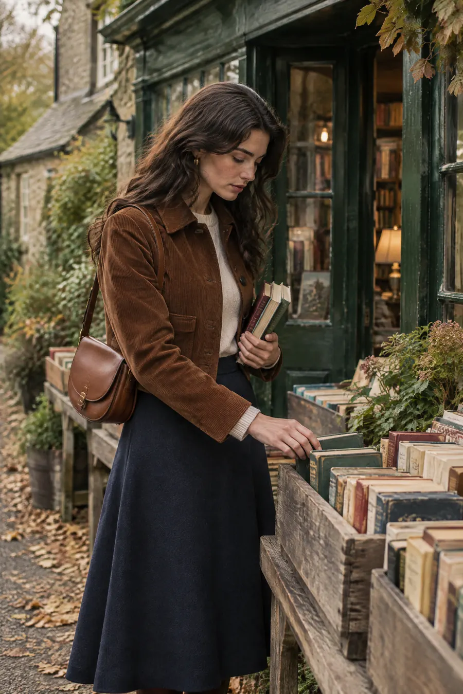 Eine Frau, die vor einer grünen Buchhandlung Bücher durchstöbert, in einer kastanienfarbenen Cordjacke