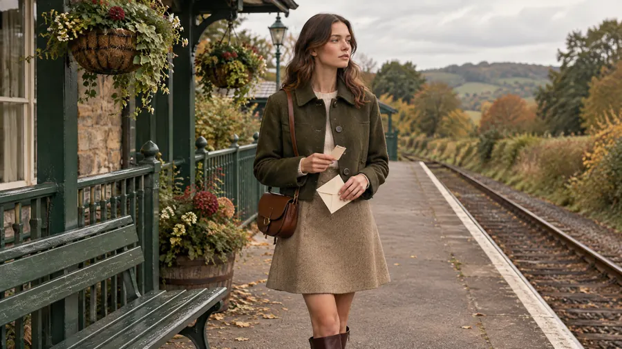 Eine Frau, die auf einem kleinen Bahnsteig auf dem Land wartet, mit einer Mini-Satteltasche