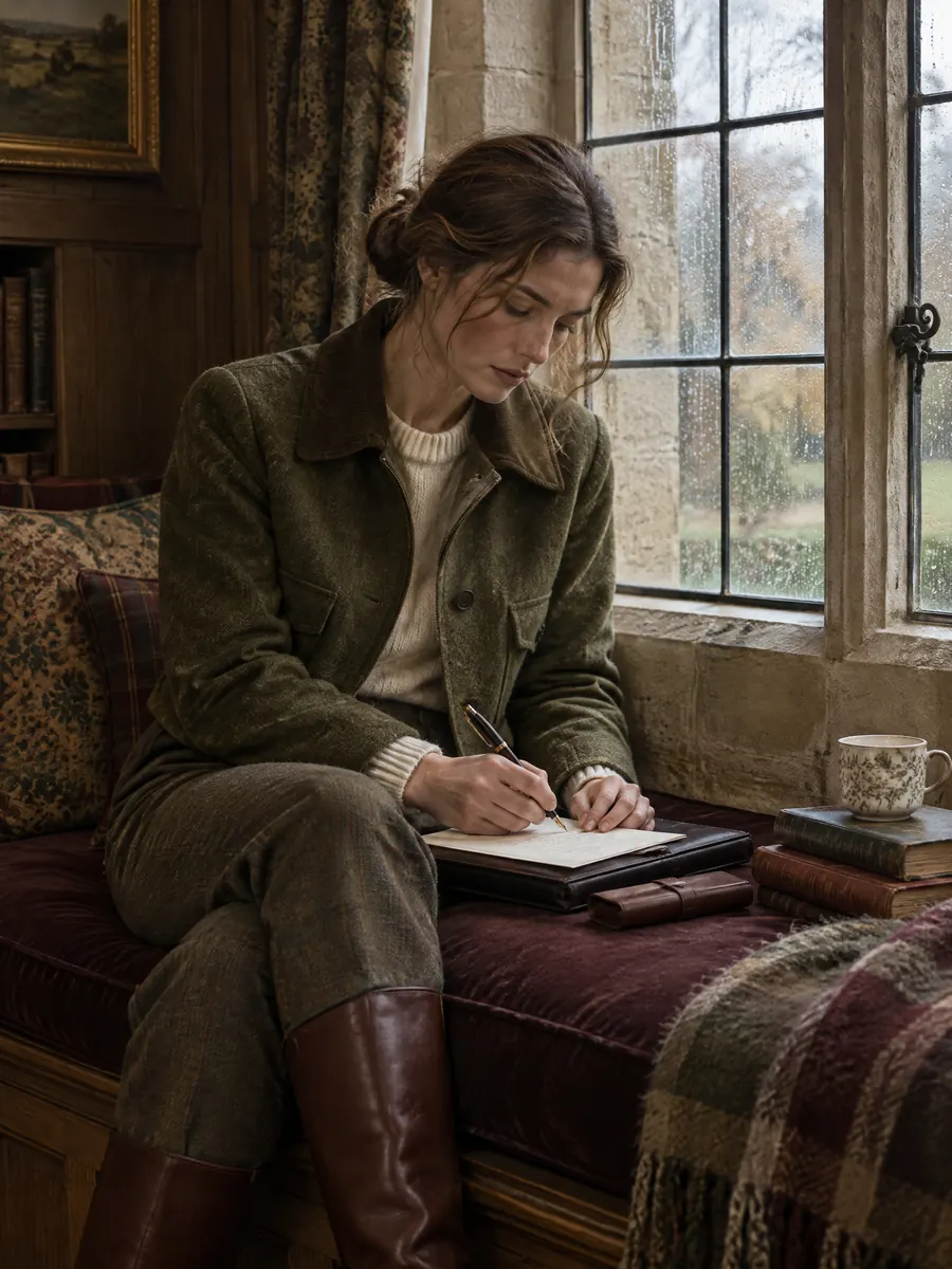 A woman writing a letter on a window seat in a moss field jacket